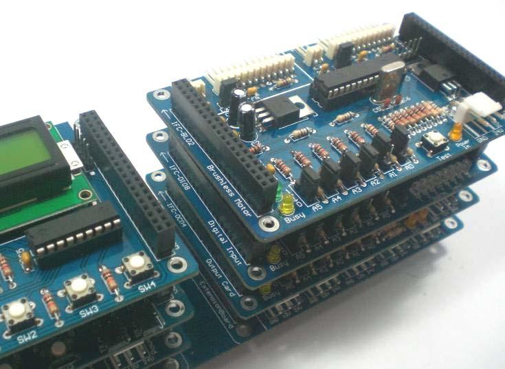 This allows the cards stack on Power Extension A and Power Extension B to communicate through the communication bus and side connector.