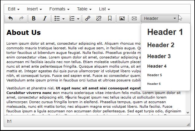 Headers The Header scrolldown contains a list of preformatted header styles.