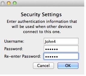 14 Settings: Security - Mac On the Laplink Sync menu, click Security Settings to set up a Username and Password that other devices must provide when synchronizing with the primary device: Laplink