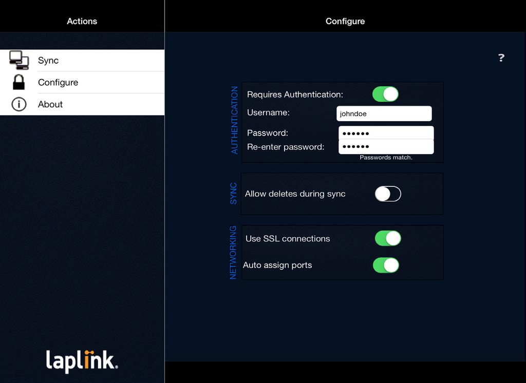 25 Configure (Settings): Authentication - ios From the Laplink Sync Active Devices screen, tap Configure.