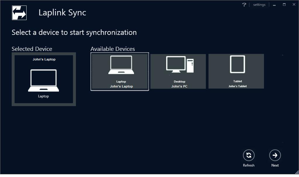 4 Overview of Home Screen - Windows You will see this screen when Laplink Sync is first started: Synchronization Steps - Windows The steps below will help you quickly and easily set up a