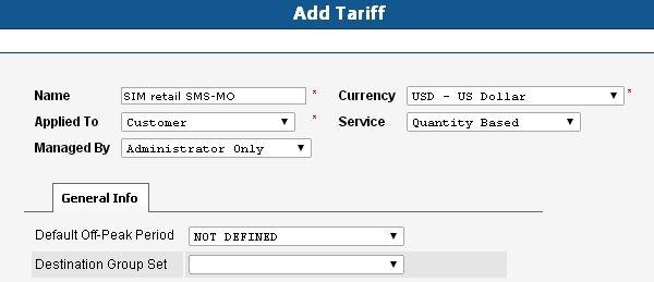 Step 7: Add tariff "SMS-MO" Name: "SIM retail SMS-MO" Select a desired currency Apply the tariff to Customer Select "Quantity" Service Figure 2.