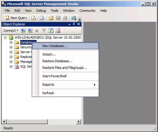 Configuring SQL server for Vault Create Database You ll need to create a database to hold the table used to link the CMIS connector and