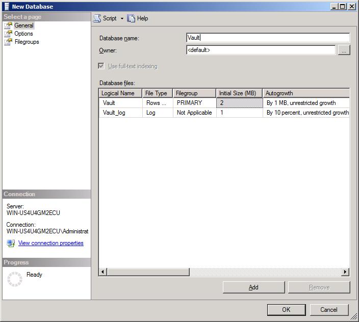 Configuring SQL server for Vault Give the new