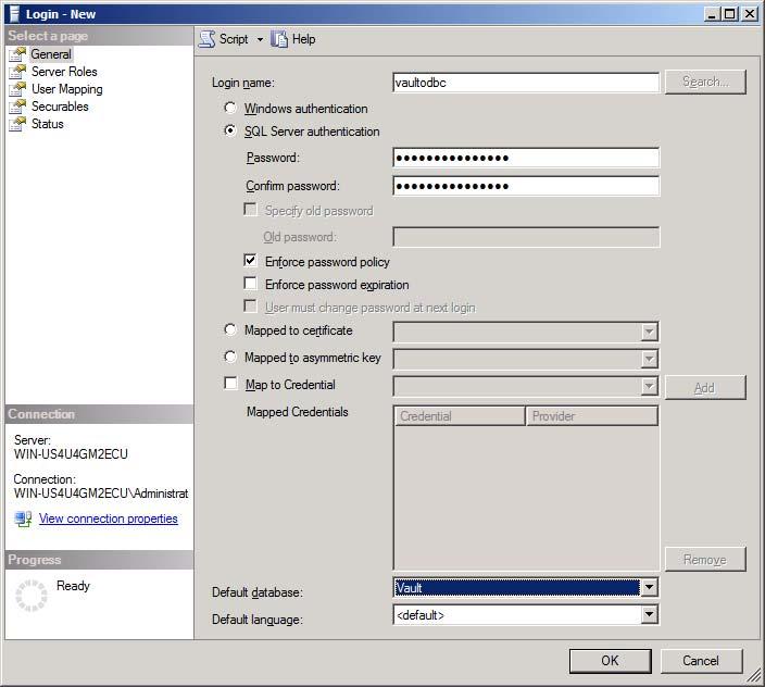 Configuring SQL server for Vault Create Logins Create users for the connections from