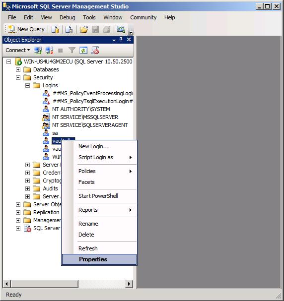 Configuring SQL server for Vault User Mapping For each of the new users, enable access by mapping the users to the new database: In