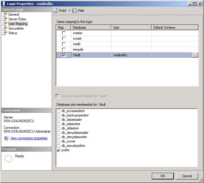 Configuring SQL server for Vault Select the User Mapping page.