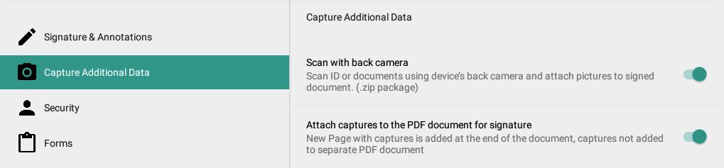 CAPTURE ADDITIONAL DATA Scan with back camera enables scanning documents (e.g. ID) and attaching scans to separate PDF document, which is submitted together with signed document in a.
