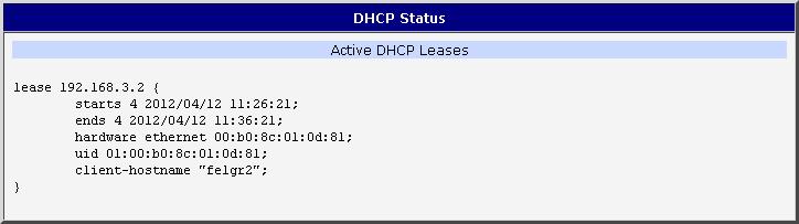 EXPANSION PORT DESCRIPTION 4.1.2. DHCP Information about DHCP server activity can be accessed by selecting the DHCP status item.