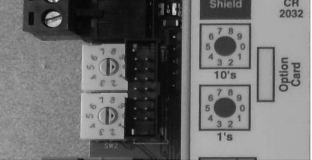 The rotary dials provide the controller address for identification over a network.