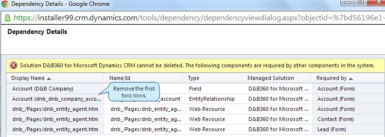 8 Troubleshooting 6. In the Dependency Details window, follow the process for removing customizations and remove the first two rows: Account (D&B Company) and Account (dnb_dnb_company_account...). 7.