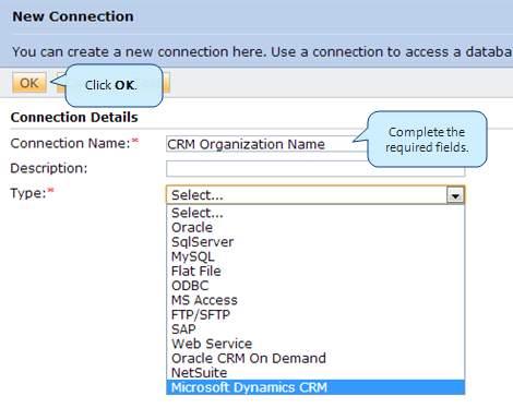 5 Managing Batches and Installing the Informatica Cloud Secure Agent 9. In the New Connection window, complete the required fields, and then click OK. 10.