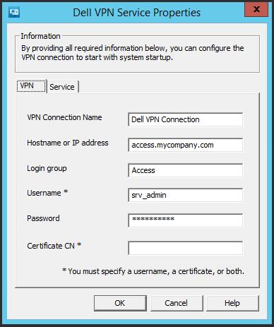 7 On the VPN tab, configure these settings: Setting VPN Connection Name Hostname or IP address Login group Username and Password Certificate CN Description Type the name of the Dell Connect Client