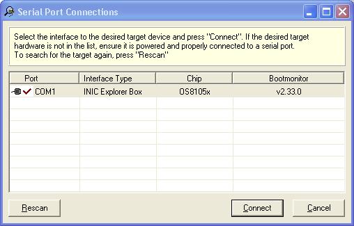 If you set your environment, press Rescan to start the search process. If INIC Explorer can connect to a COM port, the following window is shown, see Figure 4-5.