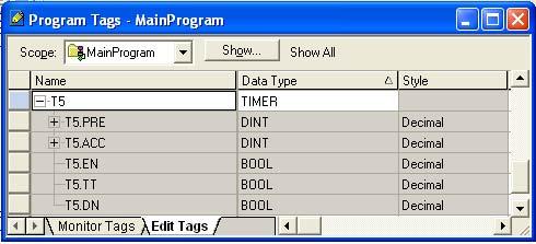 defined as data type TIMER in the program tags as