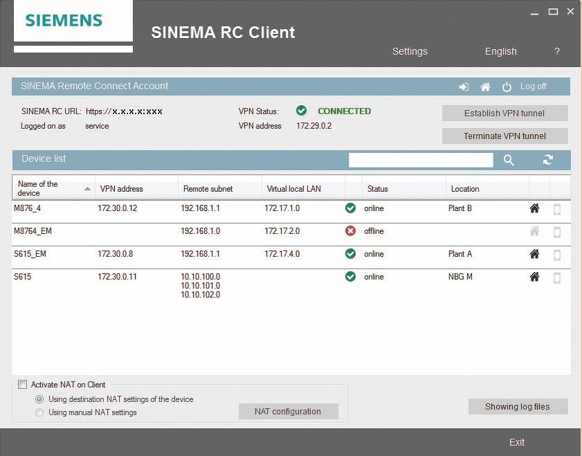 SINEMA Remote Connect ensures the secured administration of VPN connections between the control centers, the service engineers and the installed plants.