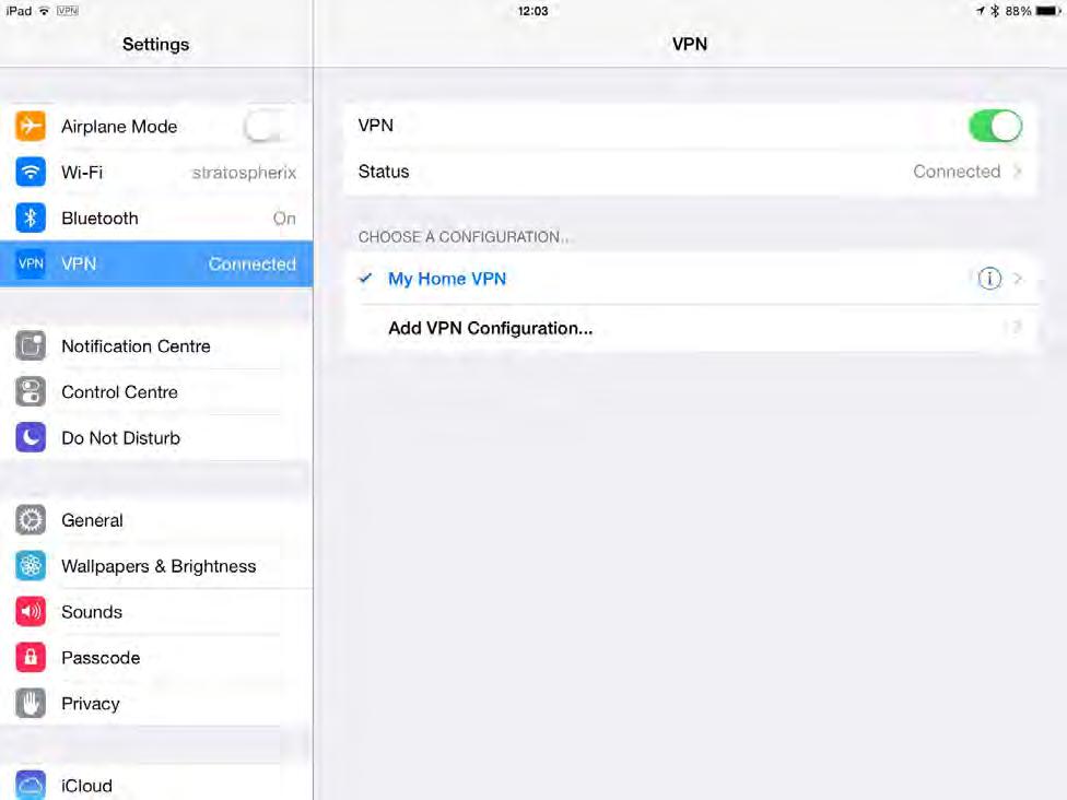Settings screen: VPN set to ON 3. When you are successfully connected to the VPN, launch FileBrowser.