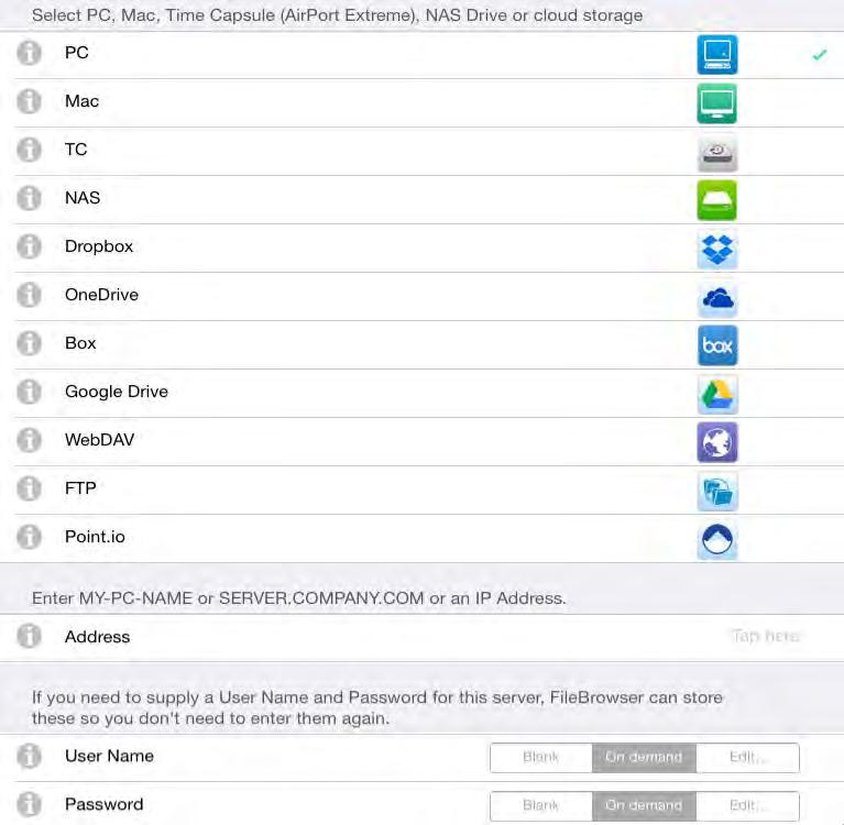 Before you set up a VPN, add your home computers to the Locations list in FileBrowser. Do this using your home WiFi and follow the normal FileBrowser procedure (described below).