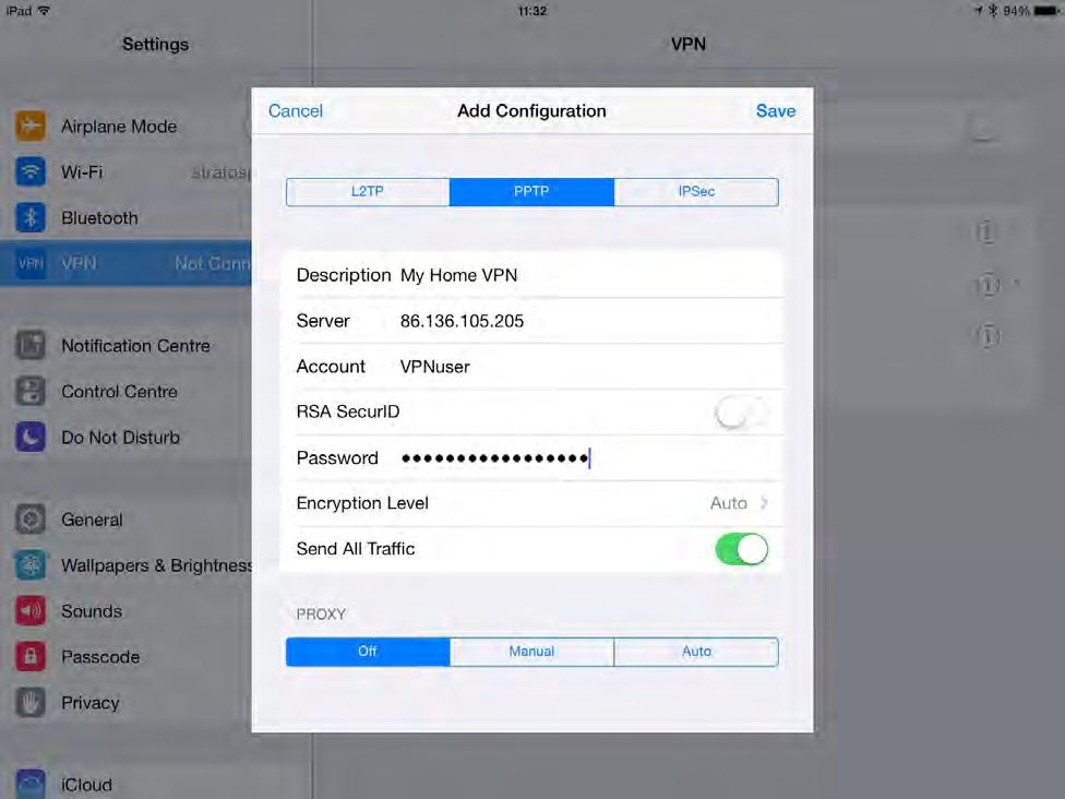 Settings screen: Example VPN Configuration Switch on the VPN on your ipad or iphone Now you have added a new VPN configuration so your ipad or iphone can connect to your home VPN server.