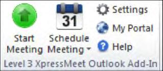 Level 3 XpressMeet Outlook Add-In Toolbar The Level 3 XpressMeet Outlook Add-In Toolbar will appear in your Mail and Calendar screen.