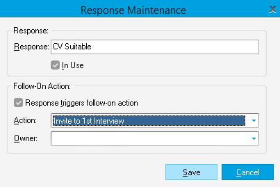 At the bottom of the window, this allows the user to create a set of Responses based on the Action, in this example CV Received (as per the
