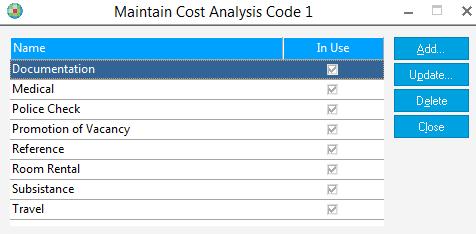 For example, Cost Analysis Codes 1 can be used for keeping track on what the cost relates to: The user clicks on ADD and