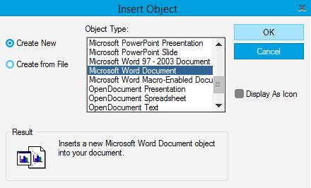 Afterwards in the Insert Object window the user now has two options: Create New This gives the user the