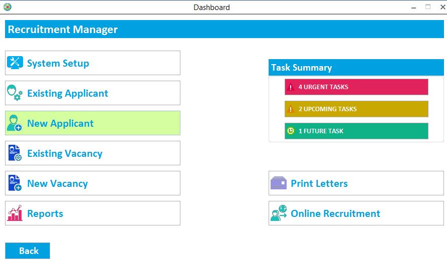 Creating a New Applicant Once a Vacancy has been created, the user can now add an Applicant to the system and linked to