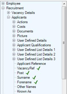 New Query After selecting New Query, the user double ticks the data required for the query from the left hand menu. The data fields selected are identified with a green tick as per the example.