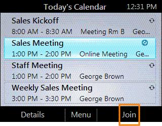 Join a Meeting from the Calendar Your calendar displays Microsoft Outlook appointments for the current day. You can join a meeting by using your phone.