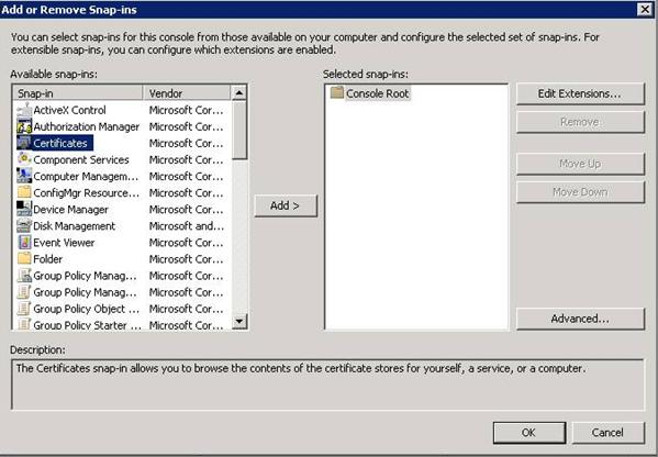 5. Select Local Computer>Finish. On the next screen, click OK. 6. Expand the WSUS>Certificates folder. 7.