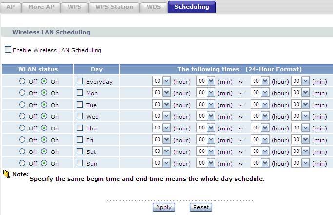 Chapter 8 Wireless LAN 8.7 The Scheduling Screen Use the wireless LAN scheduling to configure the days you want to enable or disable the wireless LAN. Click Network > Wireless LAN > Scheduling.