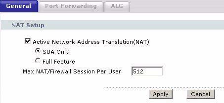Chapter 9 Network Address Translation (NAT) 9.2 The NAT General Setup Screen Use this screen to activate NAT. Click Network > NAT to open the following screen.