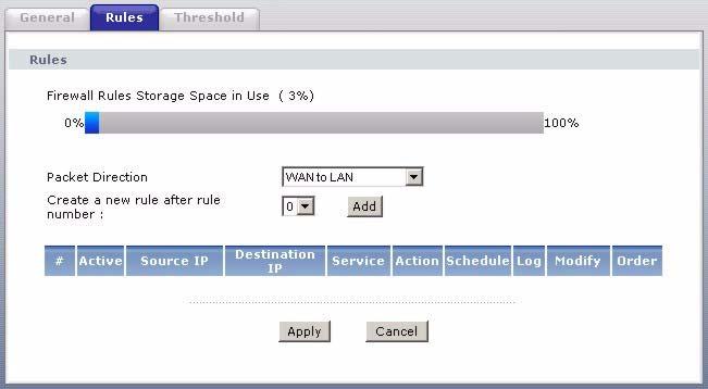 Chapter 10 Firewalls 10.1.3 Firewall Rule Setup Example The following Internet firewall rule example allows a hypothetical MyService connection from the Internet. 1 Click Security > Firewall > Rules.