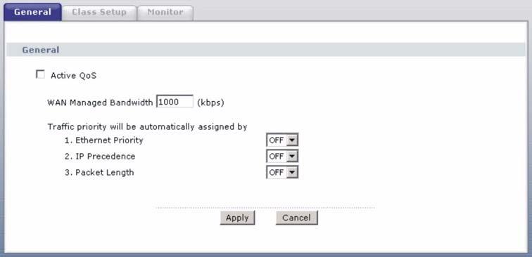 Chapter 16 Quality of Service (QoS) 16.2 The QoS General Screen Use this screen to enable or disable QoS and have the ZyXEL Device automatically assign priority to traffic according to the IEEE 802.