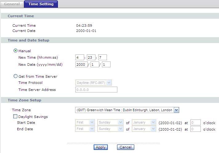 Chapter 20 System Settings 20.3 The Time Setting Screen Use this screen to configure the ZyXEL Device s time based on your local time zone.