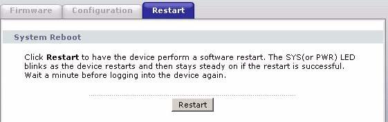 4 The Restart Screen System restart allows you to reboot the ZyXEL Device remotely without turning the power off.
