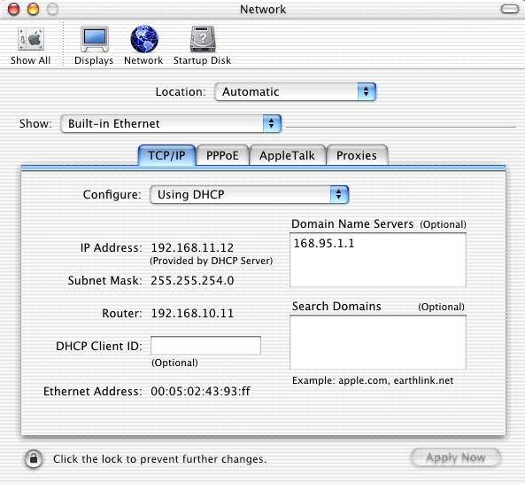 Select Built-in Ethernet from the Show list. Click the TCP/IP tab.