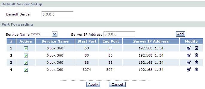 3 Configure the screen as follows to open TCP/UDP port 53 for Xbox 360. Click Apply.
