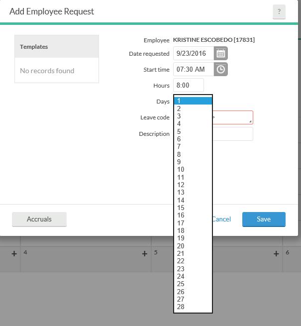 Next, in the Hours Field enter the normal amount of hours you work a day, then click the drop down arrow next to the Days field and click on how many days you are requesting off.