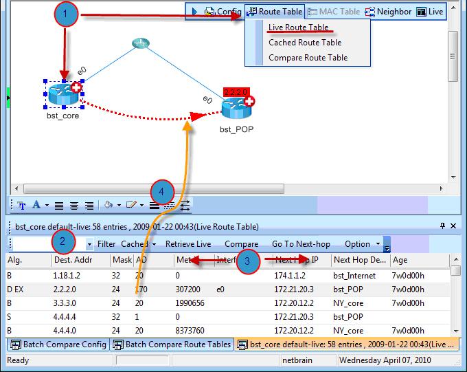 4.5 Route Table Toolkit View the route tables benchmarked at different times and map the route item onto a Q-map. Click a device and click Route table >> Live Route Table in context menu.
