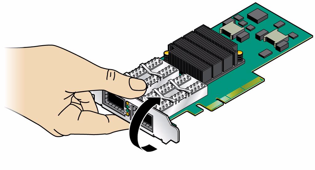 b. In a rotating move toward the component side of the adapter, slide the bracket out of the connectors. c. Gently hold your thumb on the LED component (as shown in the figure) while at the same time extracting the bracket, making sure to protect the LEDs.