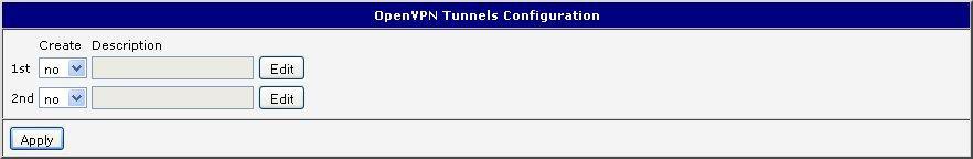 1.14. OpenVPN tunnel configuration Select the OpenVPN item in the menu to configure an OpenVPN tunnel. OpenVPN is a protocol which is used to create a secure connection between two LANs.