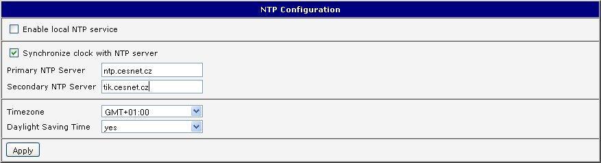 1.20. NTP client configuration NTP (Network Time Protocol) allows the router to set its internal clock using a network time server.