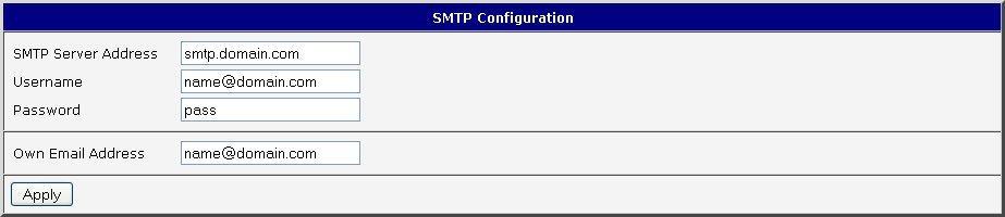1.22. SMTP configuration The SMTP (Simple Mail Transfer Protocol) client is used to send emails. SMTP Server Address Username Password Own Email Address IP or domain address of the mail server.