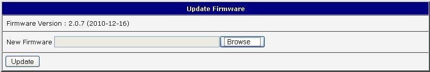 1.38. Update firmware Select the Update Firmware menu item to view the current router firmware version and load new firmware into the router.