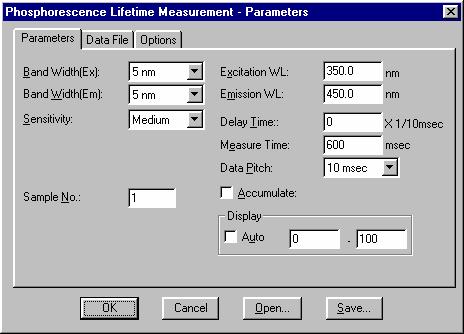 Parameters are set from the [Parameters] tab. Information such as the default filename used when automatically saving measurement data can be designated from the [Data File] dialog box. 10.1.2.