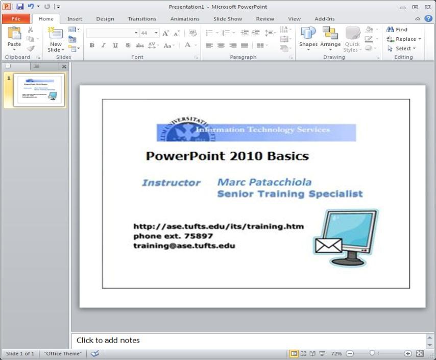 The PowerPoint Window PowerPoint 2010 allows you to compose and edit slides, navigate through your presentation, and draft speaker notes without changing views or opening additional windows.