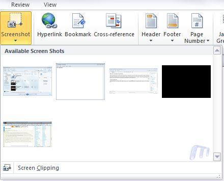Inserting Screenshots A new feature in Office 2010 allows you to insert screen shots; it captures screen shots of the currently open windows for one-click insert.