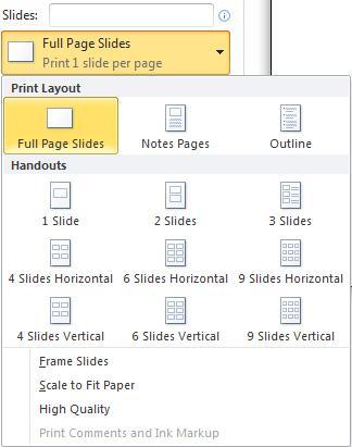 Tip: When you choose to print a Custom Range of Slides, you must enter a list of individual slides, a range, or both in order to print.